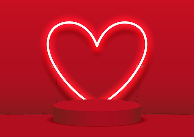 empty stage podium for product display decorated with heart shape neon lighting on red background