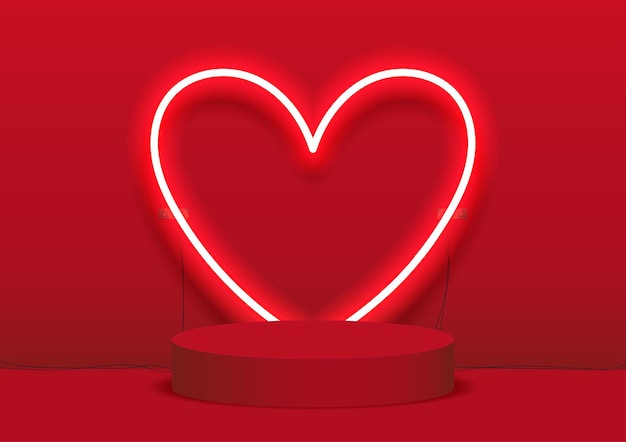 Empty stage podium for product display decorated with heart shape neon lighting on red background