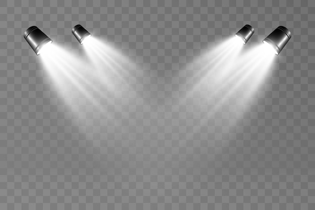 Empty stage with spotlights lighting devices on a transparent background