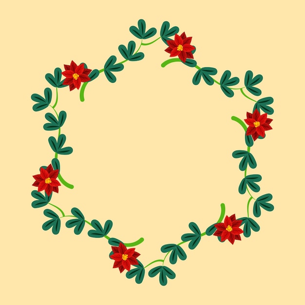 Empty Star Frame Made By Green Leaves And Poinsettia Flowers On Pastel Orange Background.