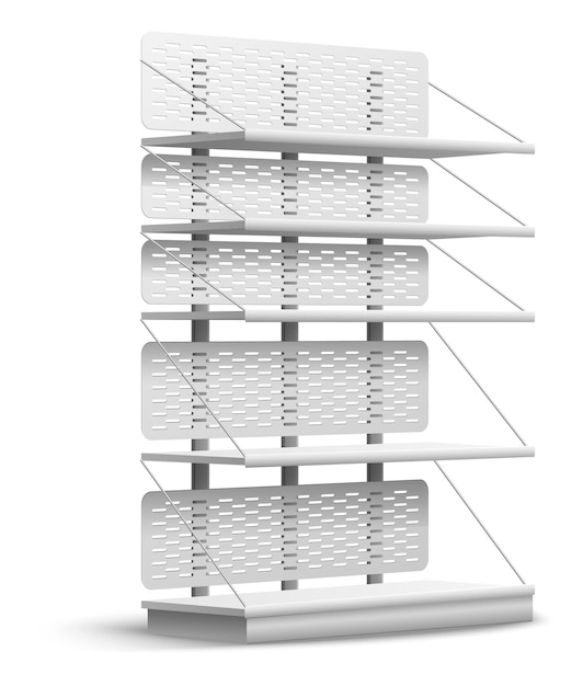 Empty store shelf Realistic supermarket multi level rack Isolated shop furniture Side view sale racking Shopping interior Merchandise presentation Vector showcase shelving mockup