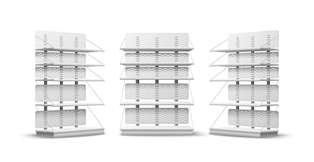 Vettore scaffali dei negozi vuoti stand del negozio realistico viste da diverse angolazioni mobili per la presentazione dei prodotti layout multilivello scaffale per supermercati 3d attrezzature per la vendita al dettaglio set di vetrine vettoriali