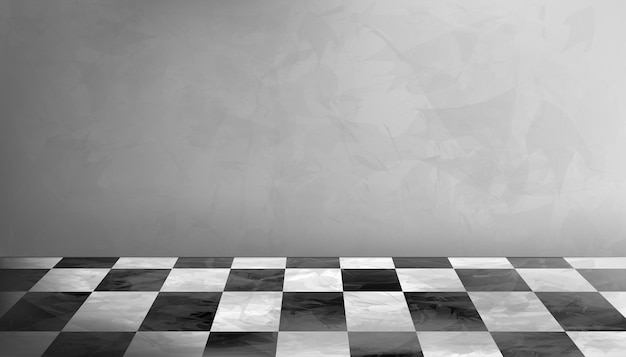 Vector empty studio room background in gray cement wall texture with black and white checkered marble floor.