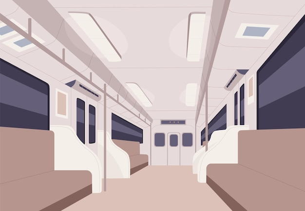 ベクトル 空の地下鉄電車。地下鉄車両の車内。透視図での地下車両。公共交通機関、mrt、ベンチシート付きチューブ、手すり、ドア、窓、照明。フラットのベクトル図です。