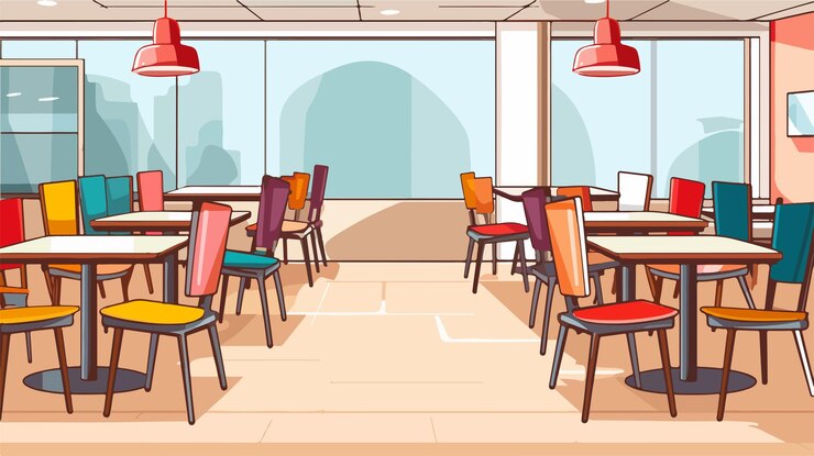 Vector empty tables and chairs in canteen interior