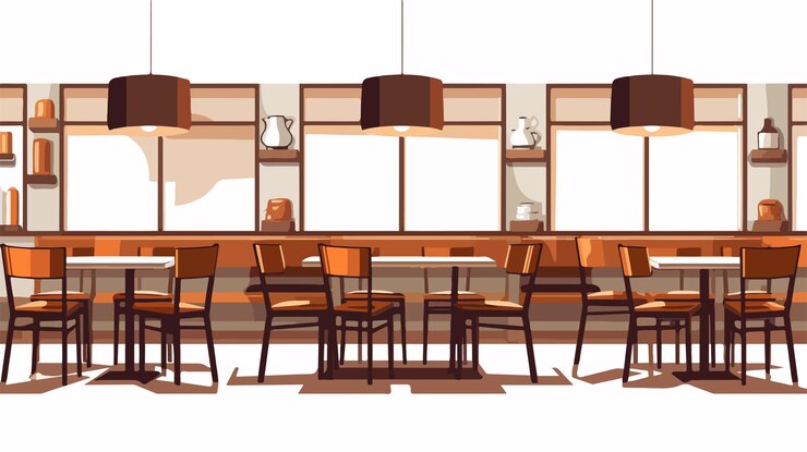 Vector empty tables and chairs in canteen interior