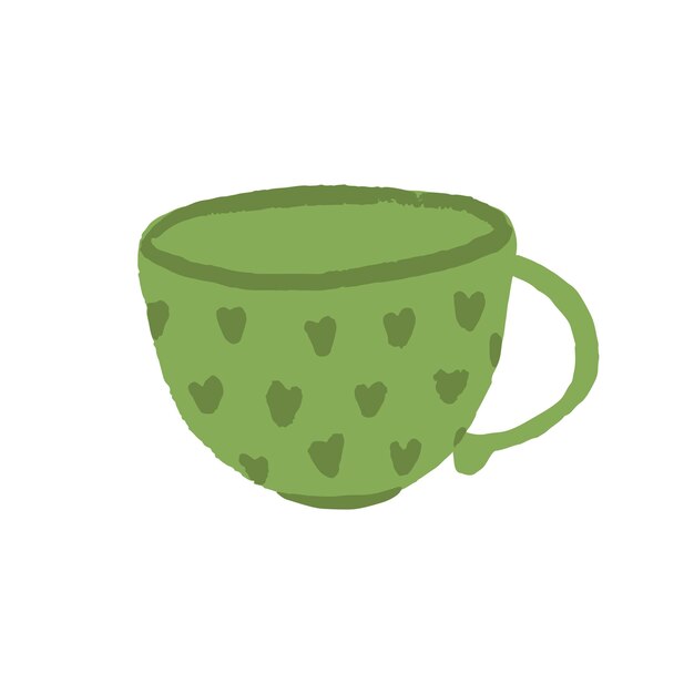 Empty tea or coffee cup in green colour with heart pattern cartoon style flat design kitchen art