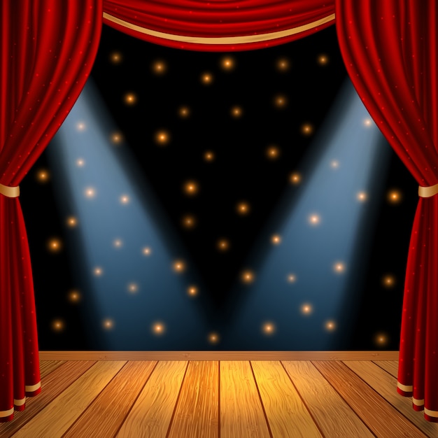 Empty theatrical scene stage with red curtains drapes