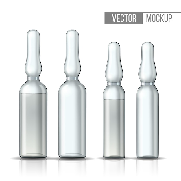 Vector empty transparent glass ampule and ampule with vaccine or drug for medical treatment. realistic 3d mock-up of ampoule with medicament for injection. blank template of vial. illustration