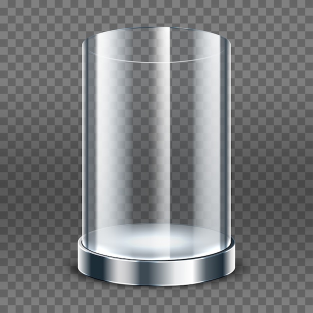 Vector empty transparent glass cylinder isolated on transparent background. round showcase. exhibit transparent display box