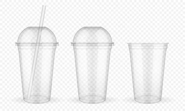 Vector empty transparent plastic cups with straw on white background vector mock up