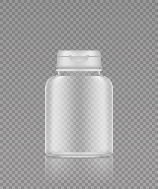 Vector empty transparent plastic supplement or medicine pills bottle mockup