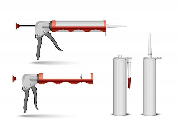 Confezione tubo vuoto per contenitore in silicone o gel sigillante con set di ugelli. illustrazione realistica isolata su sfondo trasparente