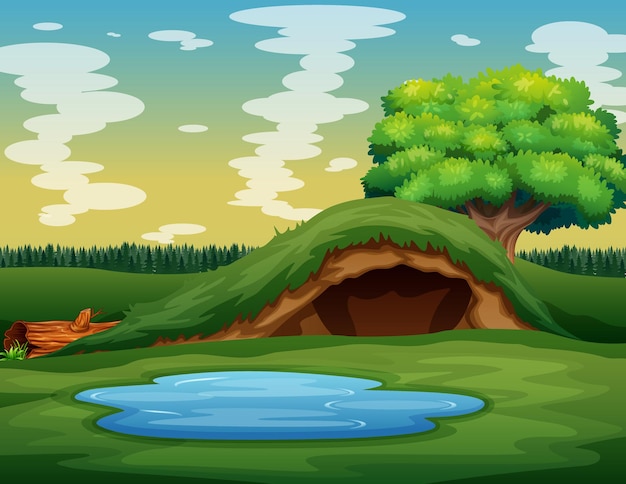 Vector empty underground animal hole in the green nature illustration