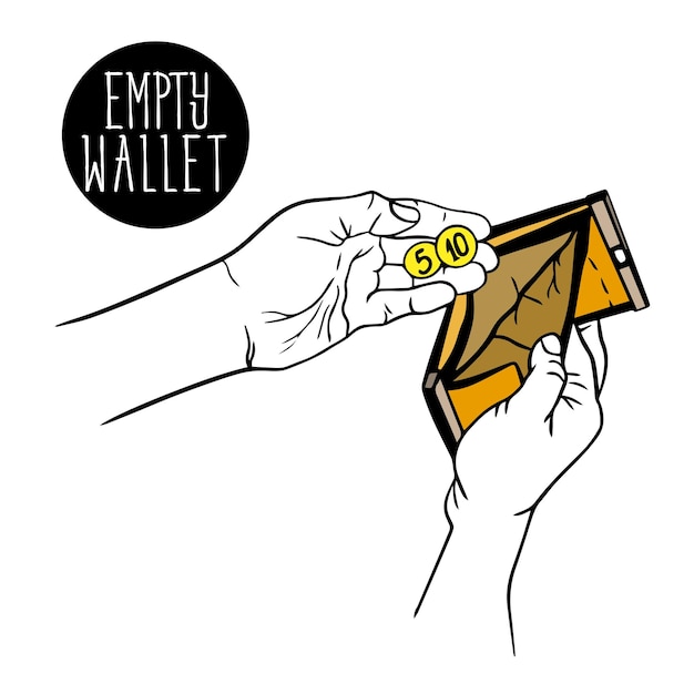 빈 지갑 아이콘입니다. 남자의 손에 두 개의 동전이 있는 지갑. 빈곤 재정 문제의 글로벌 문제