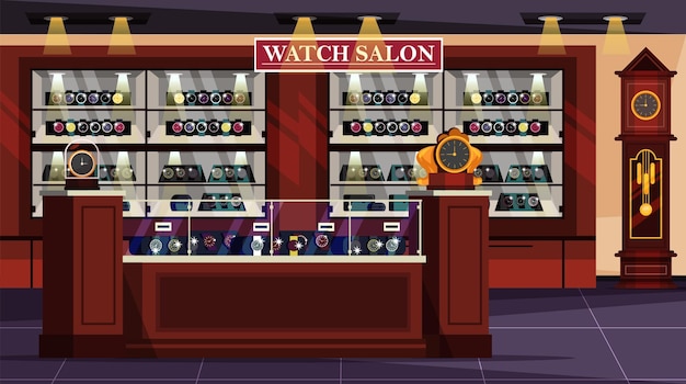 Empty watch salon shop showcases flat interior design fashion stylish wristwatch collection presentation clock assortment elegant original and analog models