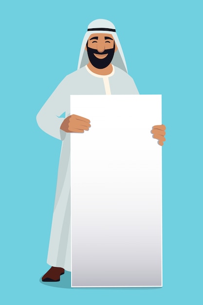 Empty white banner in hands of arabic businessman