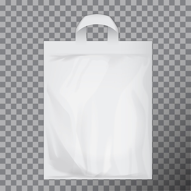 空の白い空白のポリエチレン袋。ロゴまたはアイデンティティの提示の準備ができている消費者パック。市販品フードパケットハンドル