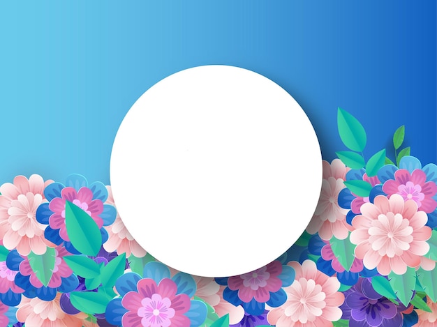 Empty White Circular Frame With Colorful Flowers And Leaves Decorated Blue Background