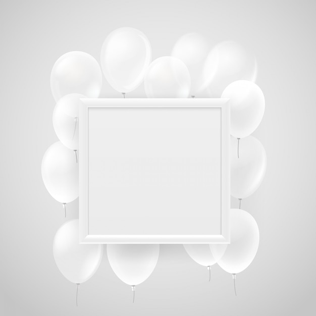 Пустая белая рамка на стене с летающими белыми воздушными шарами