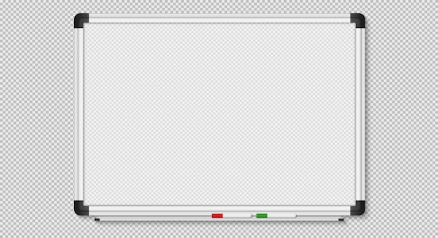 透明な背景の空の白いマーカーボード。現実的なオフィスホワイトボード。