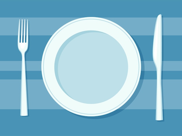 青いテーブルクロスに空の白いプレートフォークとナイフ