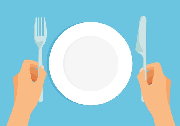 Empty white plate Hands is holding fork and knife Vector cutlery in trendy flat style isolated