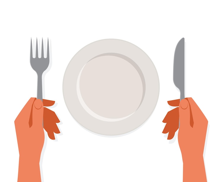 Vector empty white plate and hands with fork and knife vector stock illustration