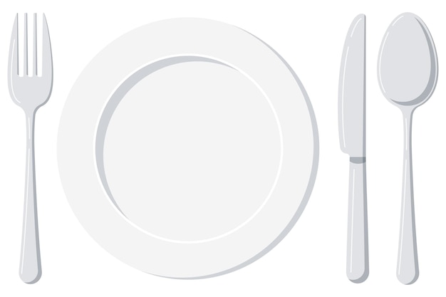 Empty white plate with spoon knife and fork isolated on a white background