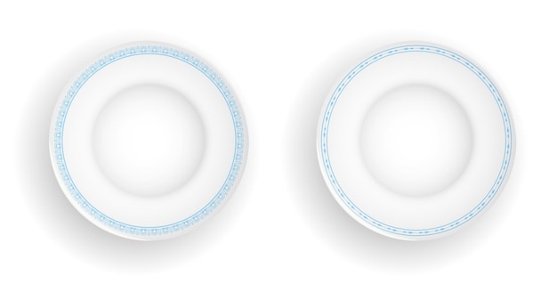 empty white realistic plates with blue ornaments table setting and serving dishes vector