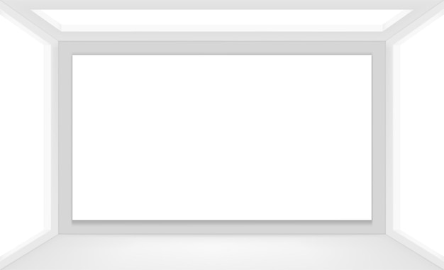 Stanza bianca vuota con schermo di proiezione bianco vuoto per la visualizzazione del piedistallo della fase del mockup della presentazione o del prodotto di montaggio illustrazione vettoriale astratta del modello 3d per lo sfondo