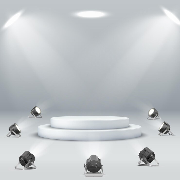 Vector empty white round podium surrounded by spotlights spotlight podium on white background. stage, pedestal, presentation vector. shiny white round pedestal podium.