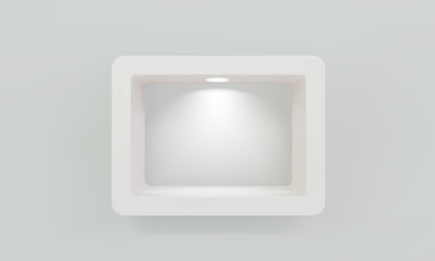 Empty white rounded rectangular shelf or niche on wall with led spotlight 3D mockup