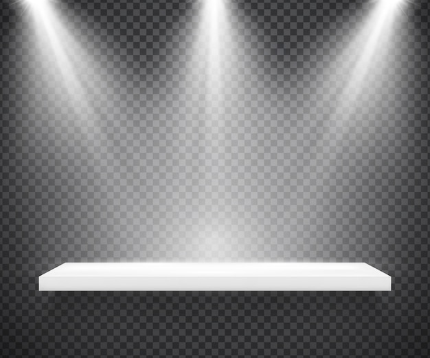 Vector empty white shelf illuminated by three spotlights