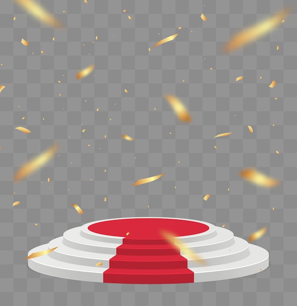 Empty white stage with red carpet and with gold confetti winner vector background