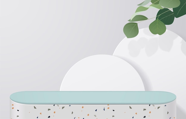 Empty of white terrazzo and green table top on white background with green leaves. for montage product display or design banner mock up. 3d vector