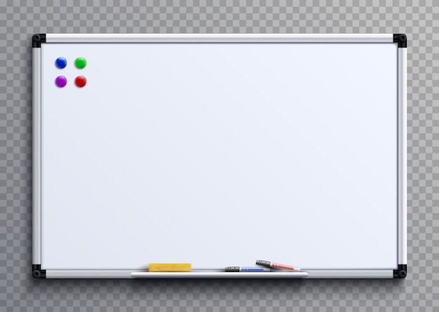 Vettore lavagna vuota con pennarelli e magneti. scheda bianca dell'ufficio di presentazione di affari isolata