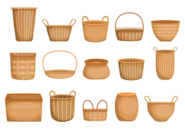 Empty wicker basket cartoon collection. Realistic handmade hampers and boxes for picnic, gifts, grocery.