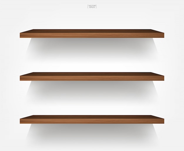 Vector empty wood shelf on white background with soft shadow.
