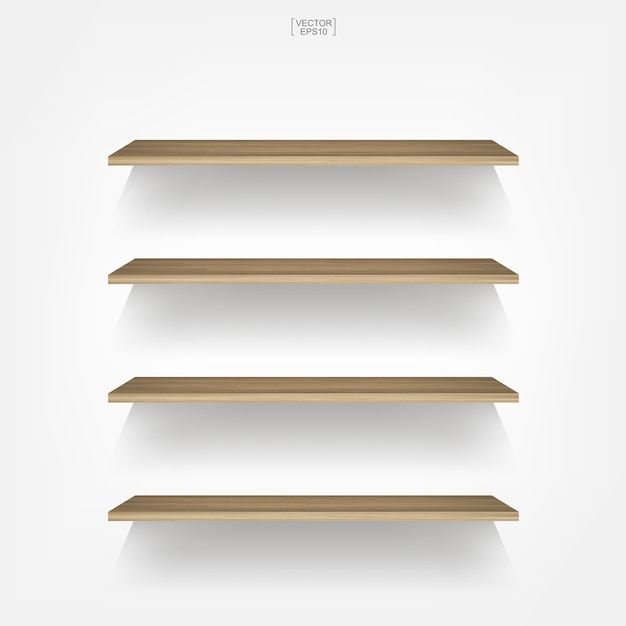 Empty wood shelf on white background.