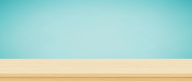 파란색 배경 템플릿에 있는 빈 나무 테이블 상단 제품 표시를 위해 모의