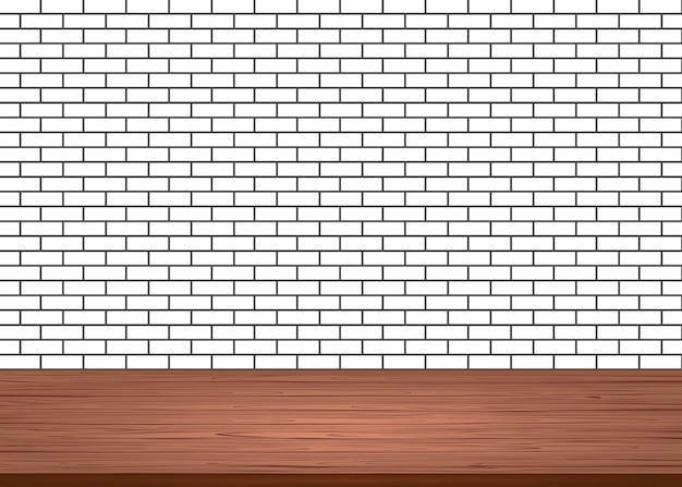 Empty wood table top on brick white wall background