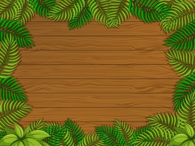 empty wooden background with tropical leaves elements
