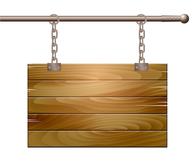 Empty wooden board sign hanging on a chain isolated on white. Vector illustration