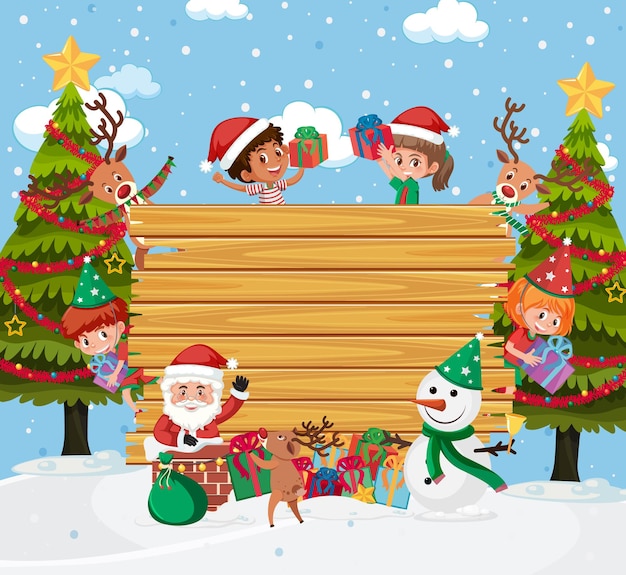 Empty wooden board with kids in christmas theme