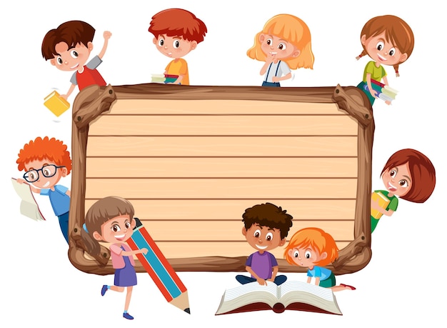 Empty wooden board with many school kids cartoon character