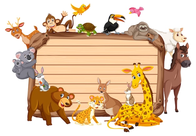 Empty wooden board with various wild animals