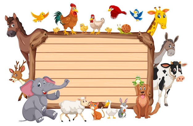 Vector empty wooden board with various wild animals