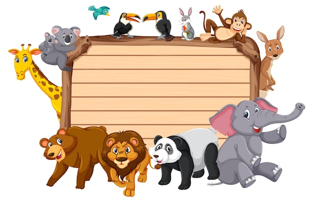 Vector empty wooden board with various wild animals