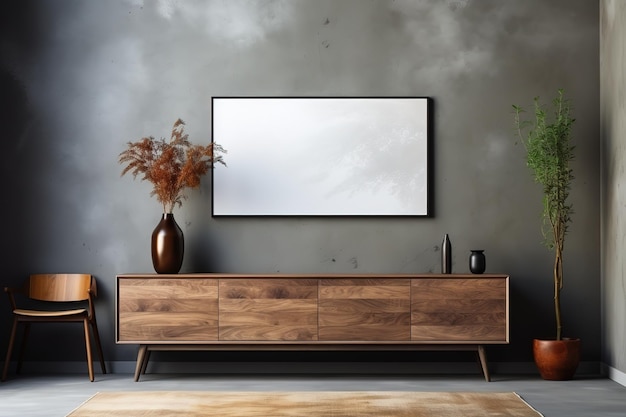 An empty wooden frame on the white wall with cabinet plants books mock up for images pictures